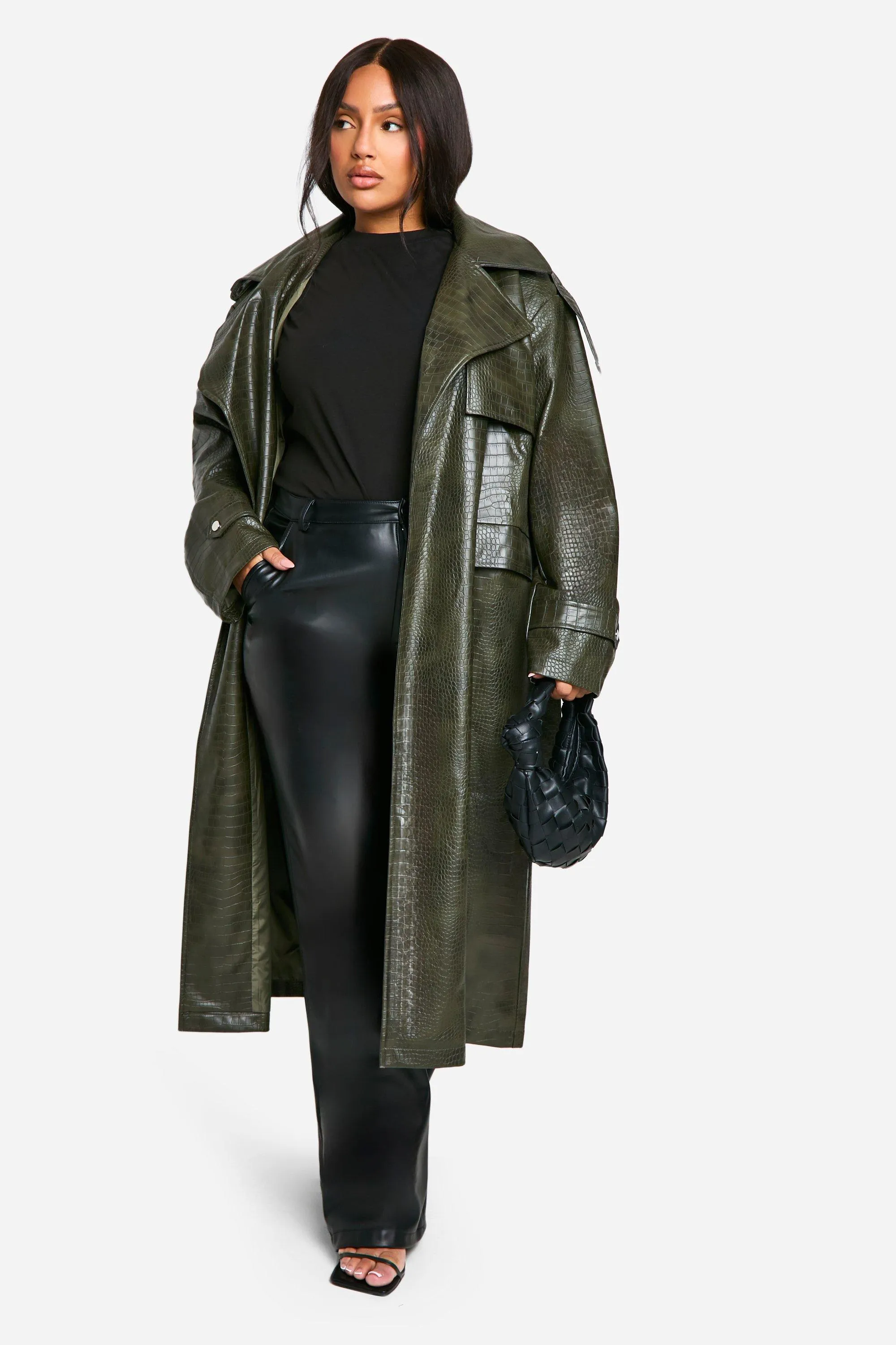 Plus Crocodile Faux Leather Trench Coat