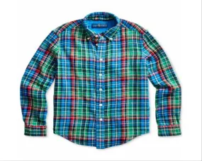 Polo Ralph Lauren Big Boy's Plaid Cotton Twill Shirt Green Size Medium