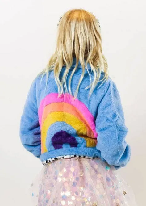 Rainbow Faux Fur Coat Baby Blue