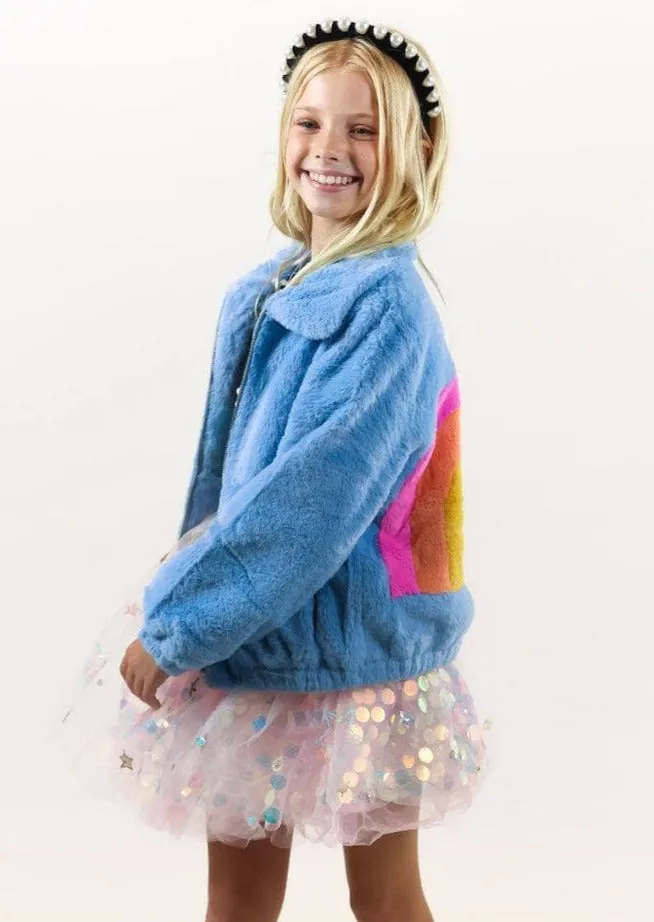 Rainbow Faux Fur Coat Baby Blue