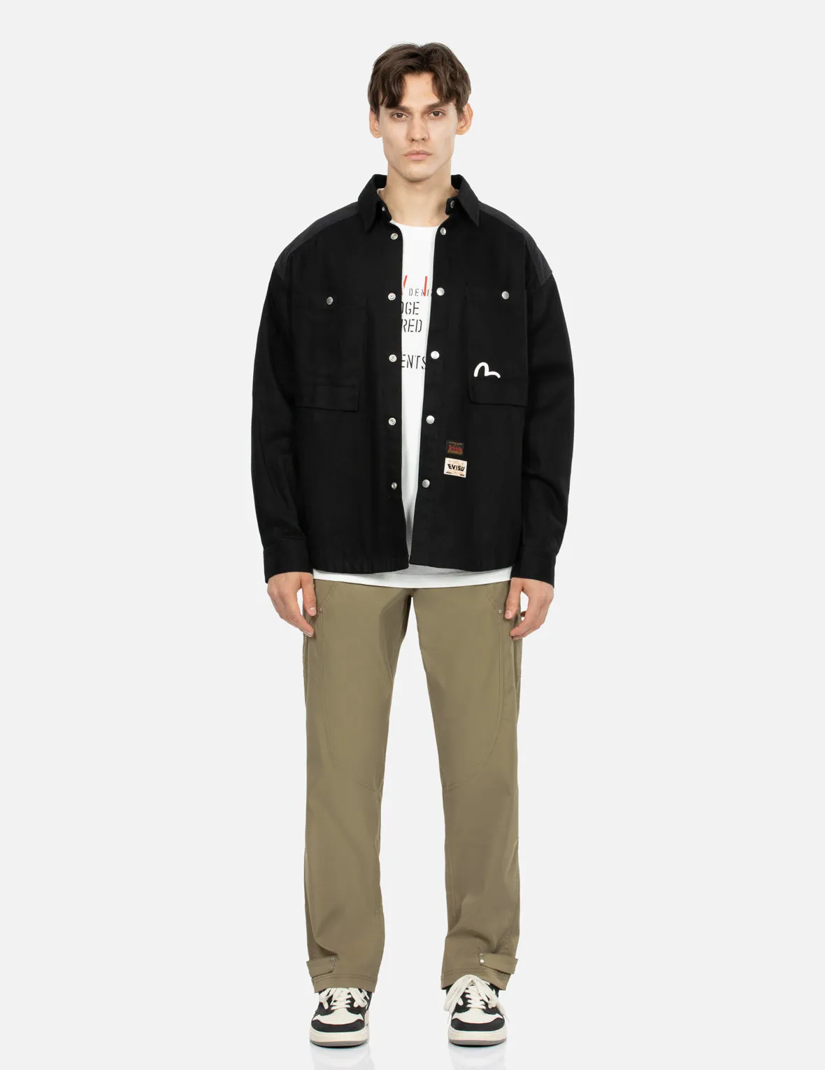 Seagull and Slogan Print Loose Fit Work Shirt Jacket