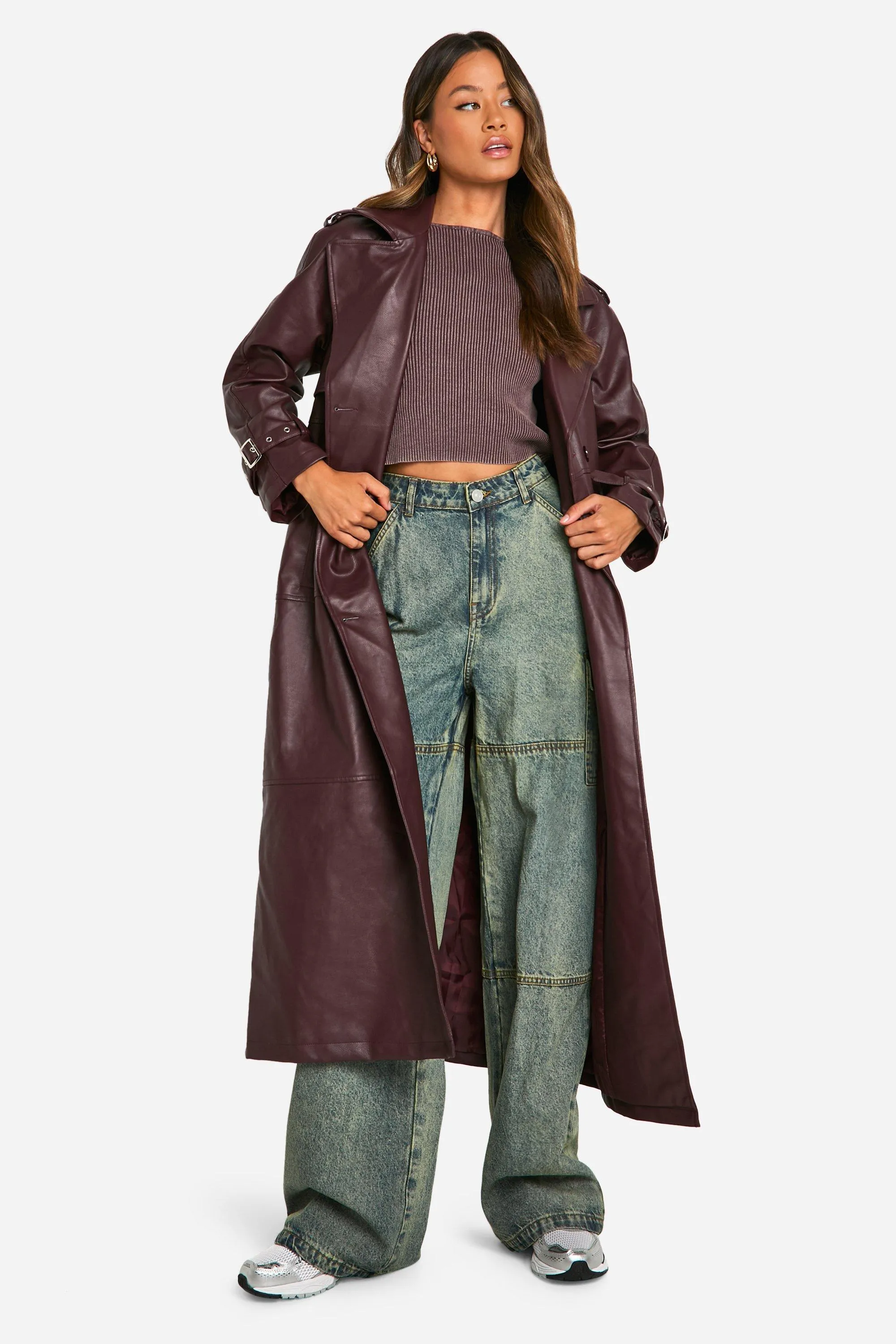 Tall Double Breast Faux Leather Maxi Trench Coat