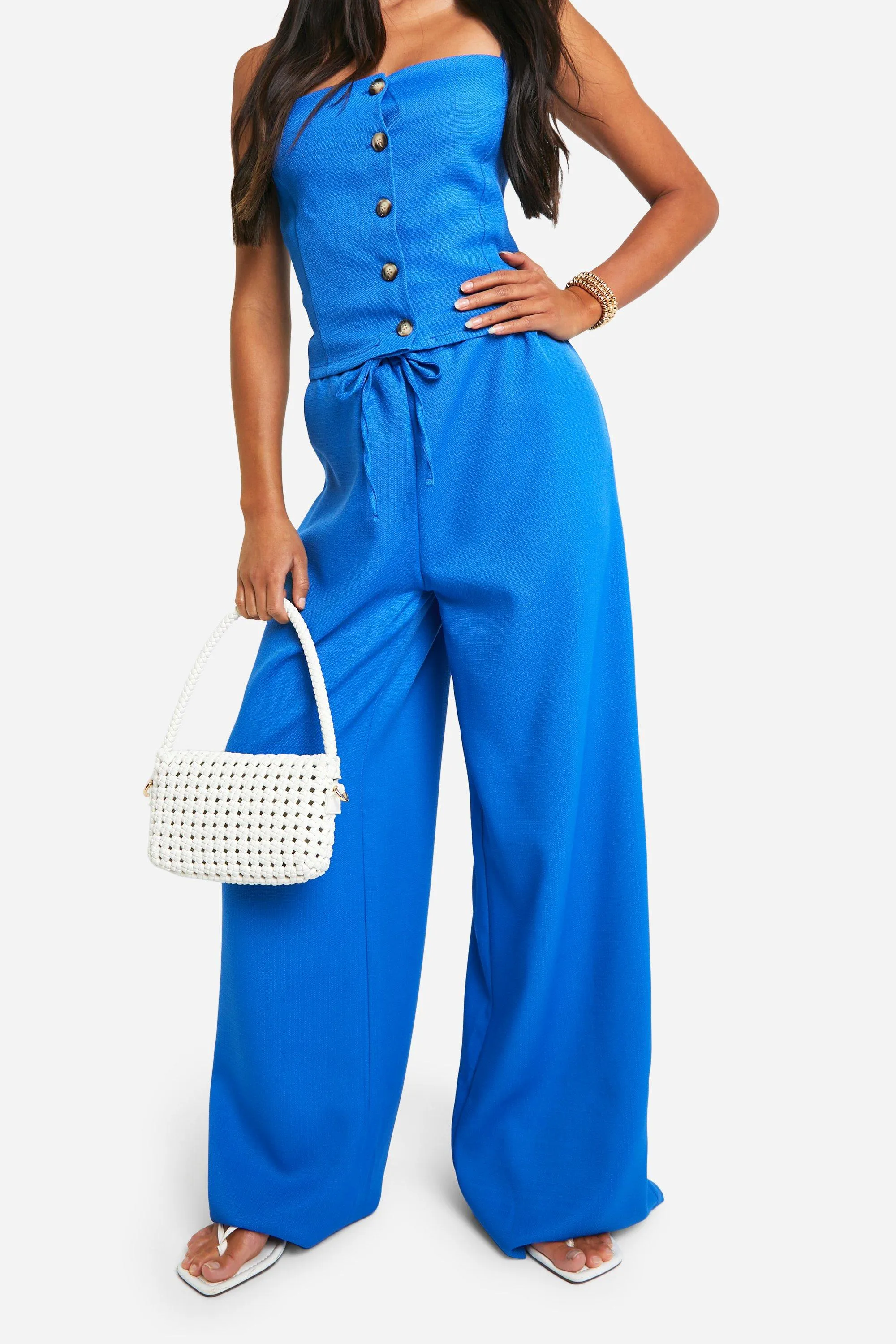 Trousers | Textured Linen Look Wide Leg Trousers | boohoo