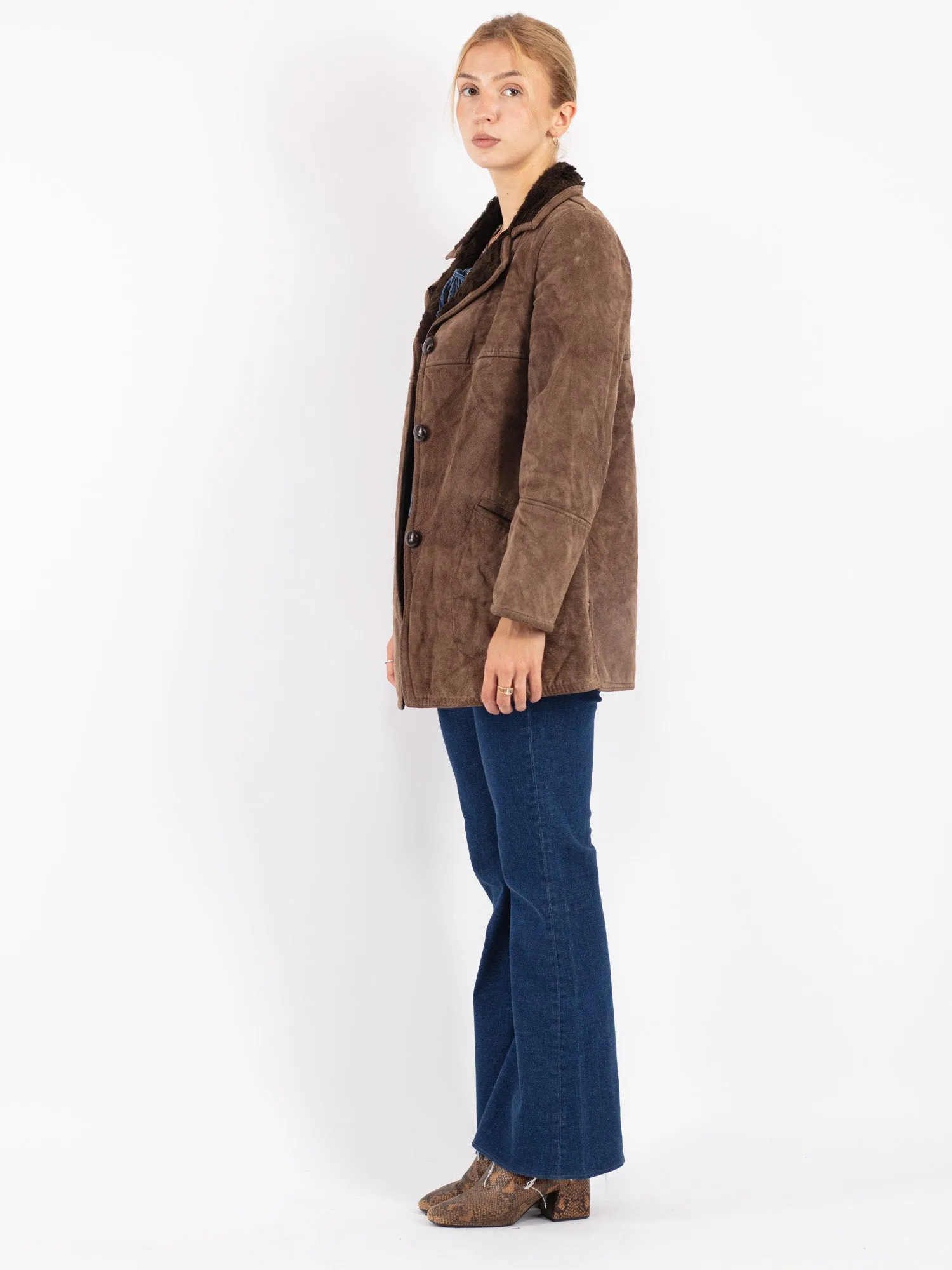 Vintage 90's Women Suede Sherpa Coat in Brown