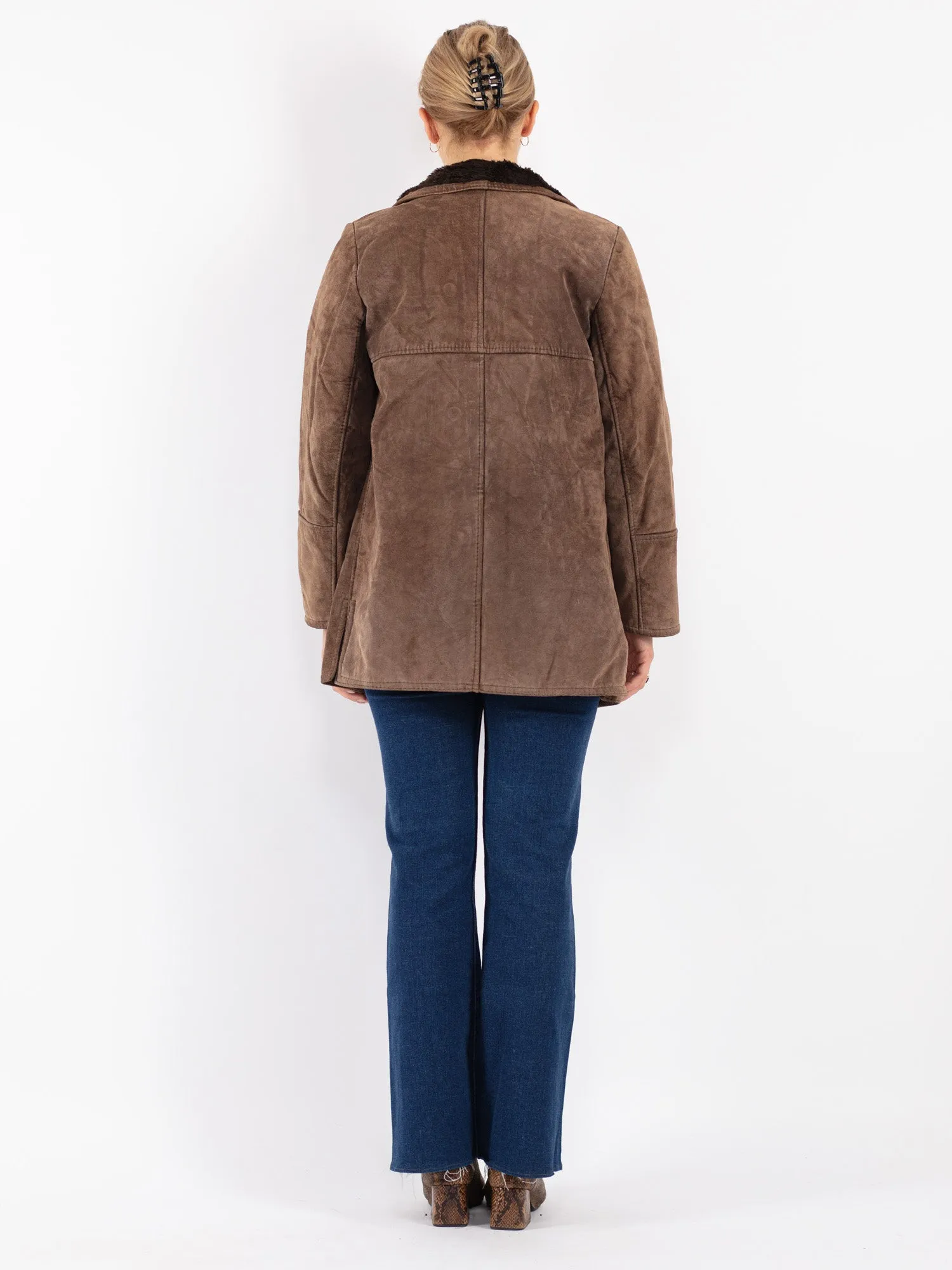 Vintage 90's Women Suede Sherpa Coat in Brown