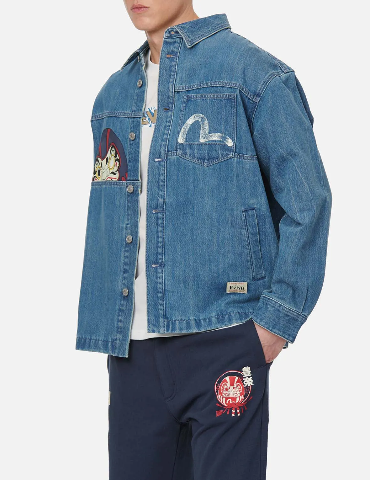 Vintage Daruma Print Denim Shirt Jacket