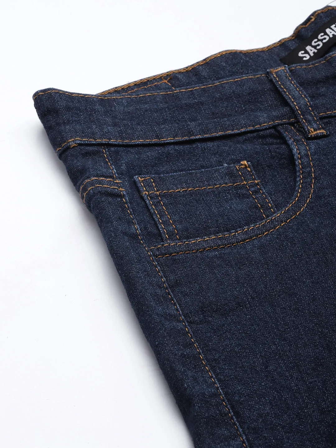 Women Blue Contrast Stitch Detail Straight Jeans