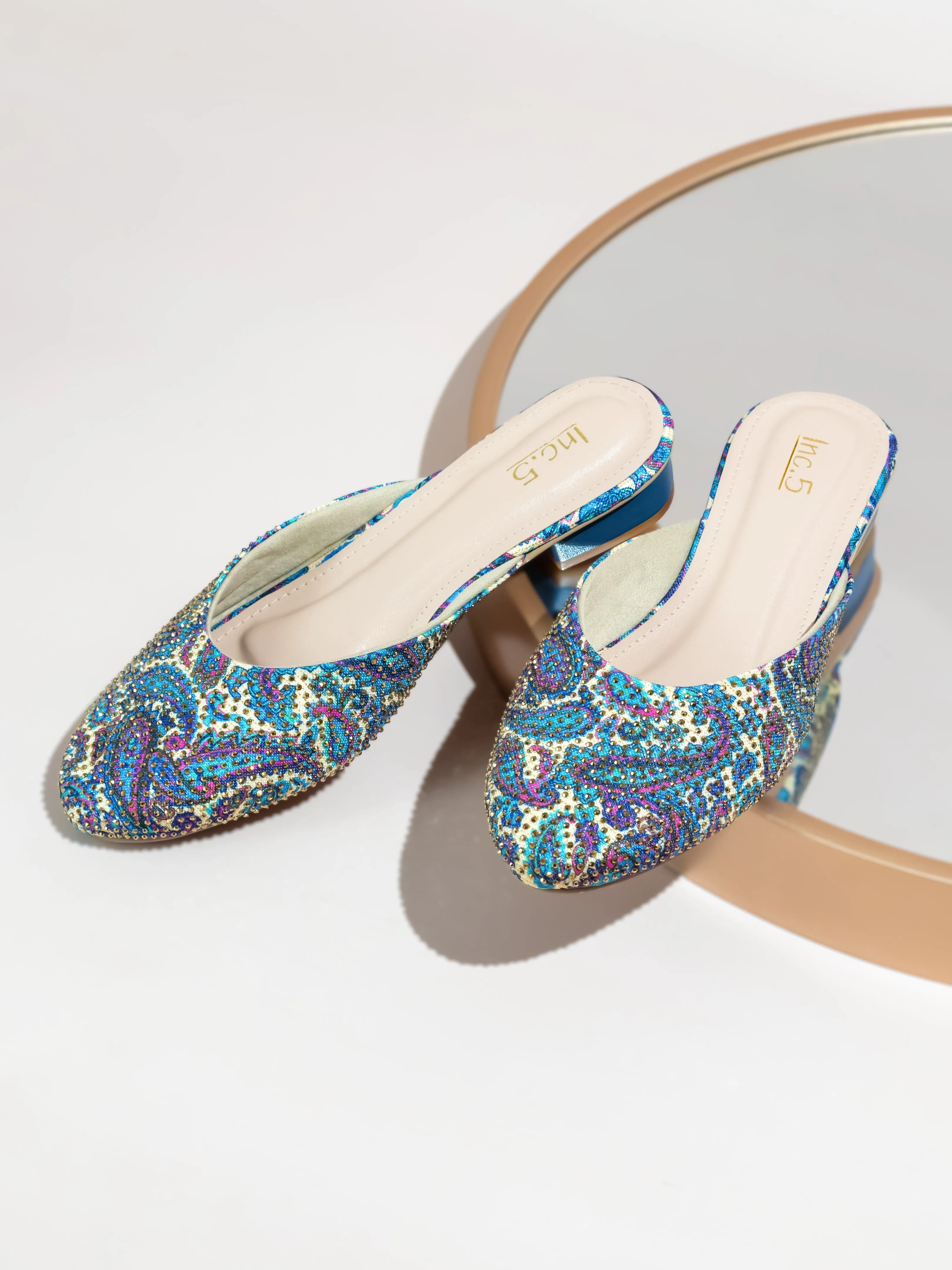 Women Blue Printed Block Heel Mules With Western - Embellished