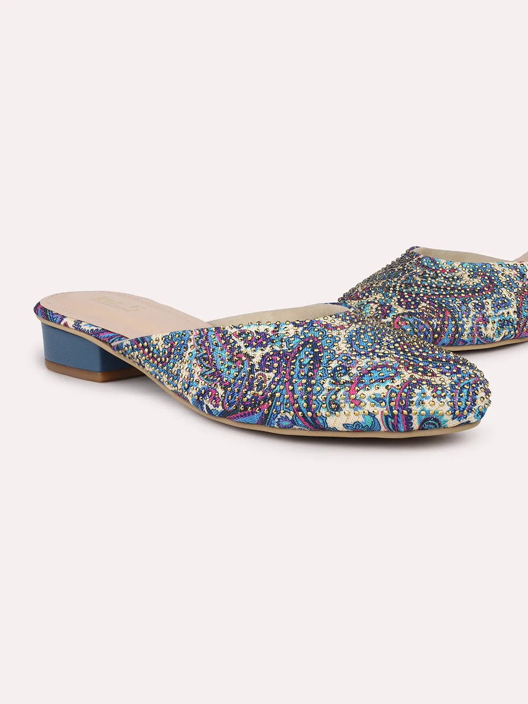 Women Blue Printed Block Heel Mules With Western - Embellished