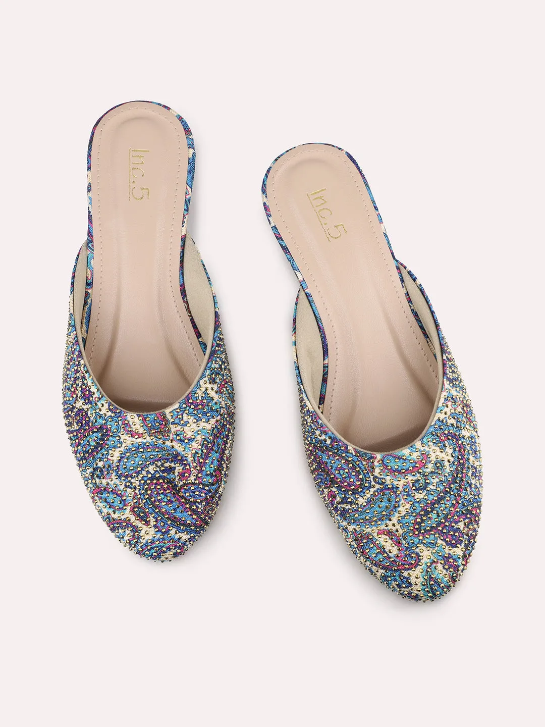 Women Blue Printed Block Heel Mules With Western - Embellished