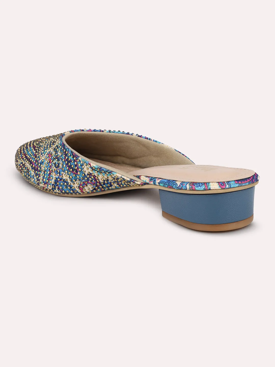 Women Blue Printed Block Heel Mules With Western - Embellished