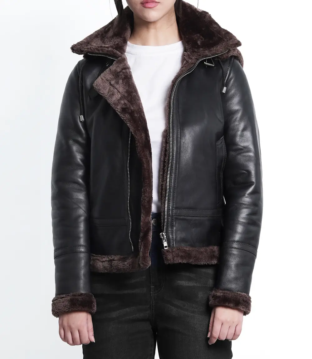 Women's Dark Brown Bomber Shearling Leather Jacket with Hood