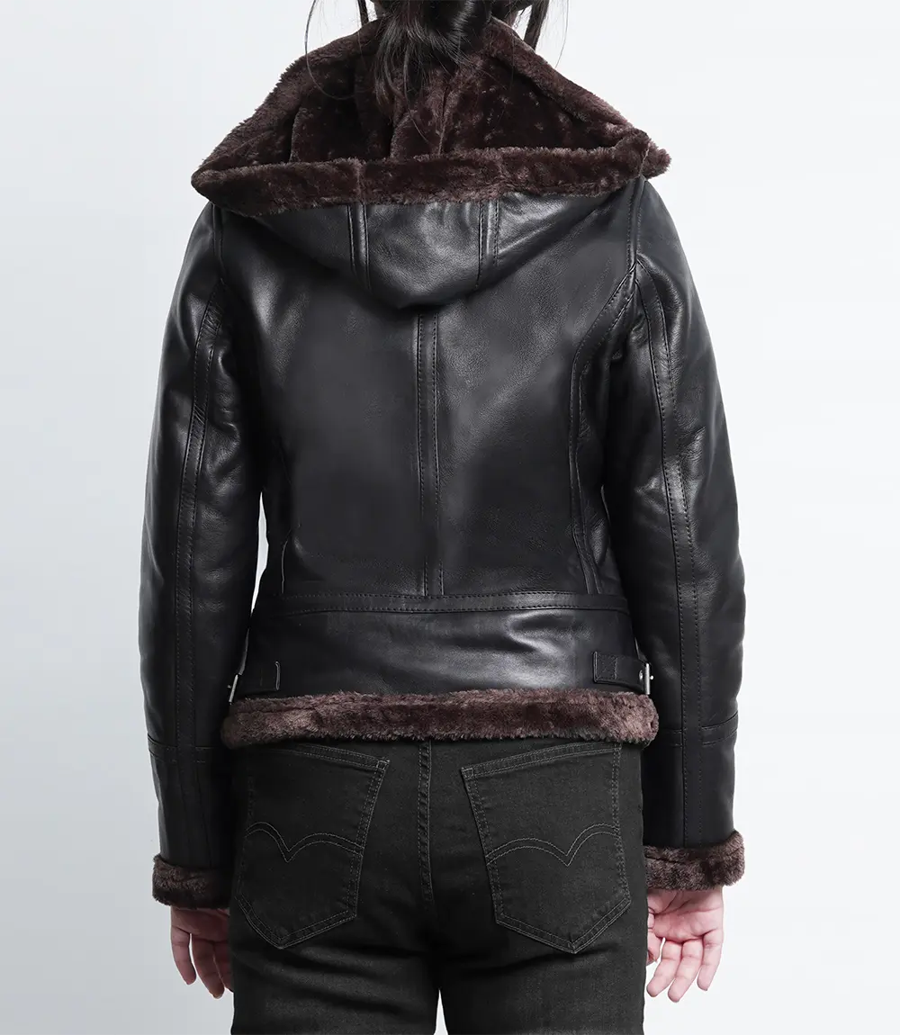 Women's Dark Brown Bomber Shearling Leather Jacket with Hood