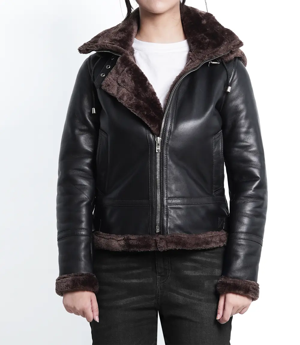 Women's Dark Brown Bomber Shearling Leather Jacket with Hood