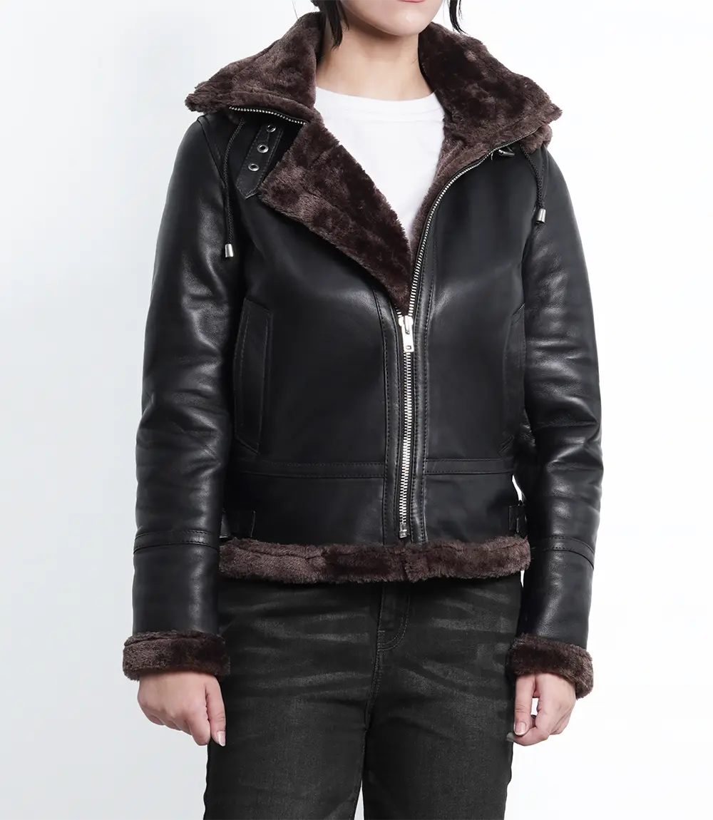 Women's Dark Brown Bomber Shearling Leather Jacket with Hood