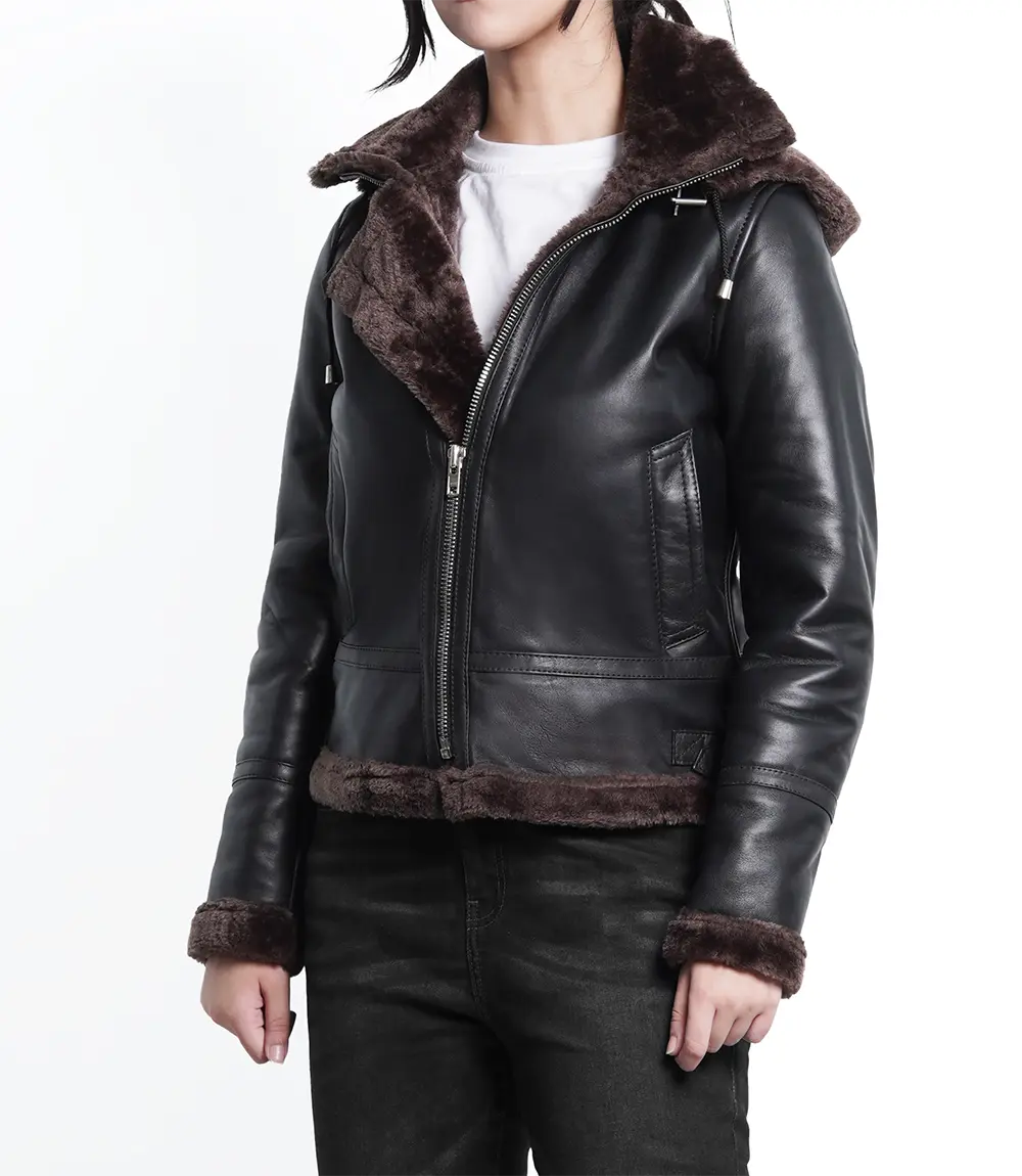 Women's Dark Brown Bomber Shearling Leather Jacket with Hood