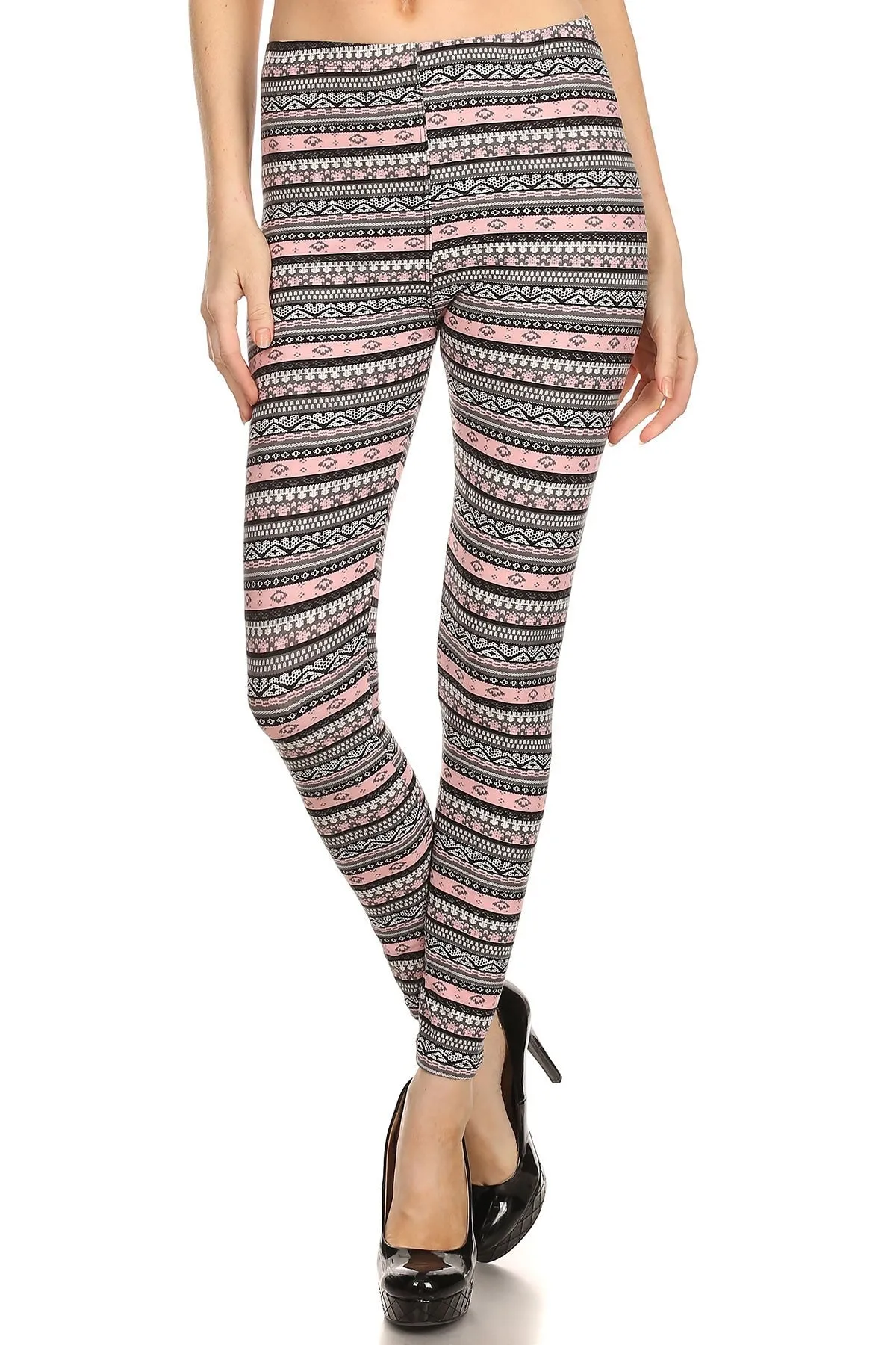 Women's Plus Grey Pink Small Aztec Shape Pattern Printed Leggings