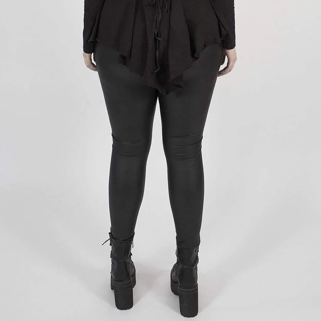 Women's Plus Size Gothic Black  Faux Leather Leggings with Embroidered Details