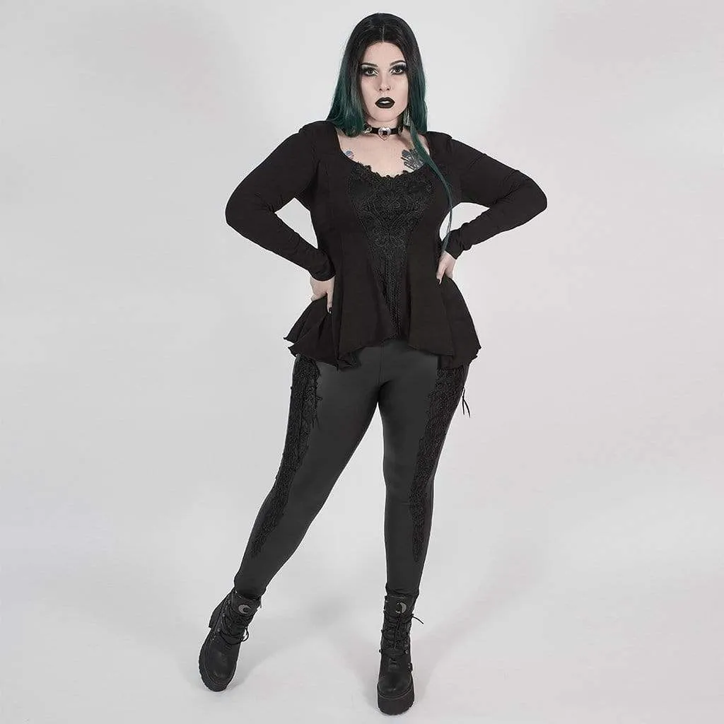 Women's Plus Size Gothic Black  Faux Leather Leggings with Embroidered Details