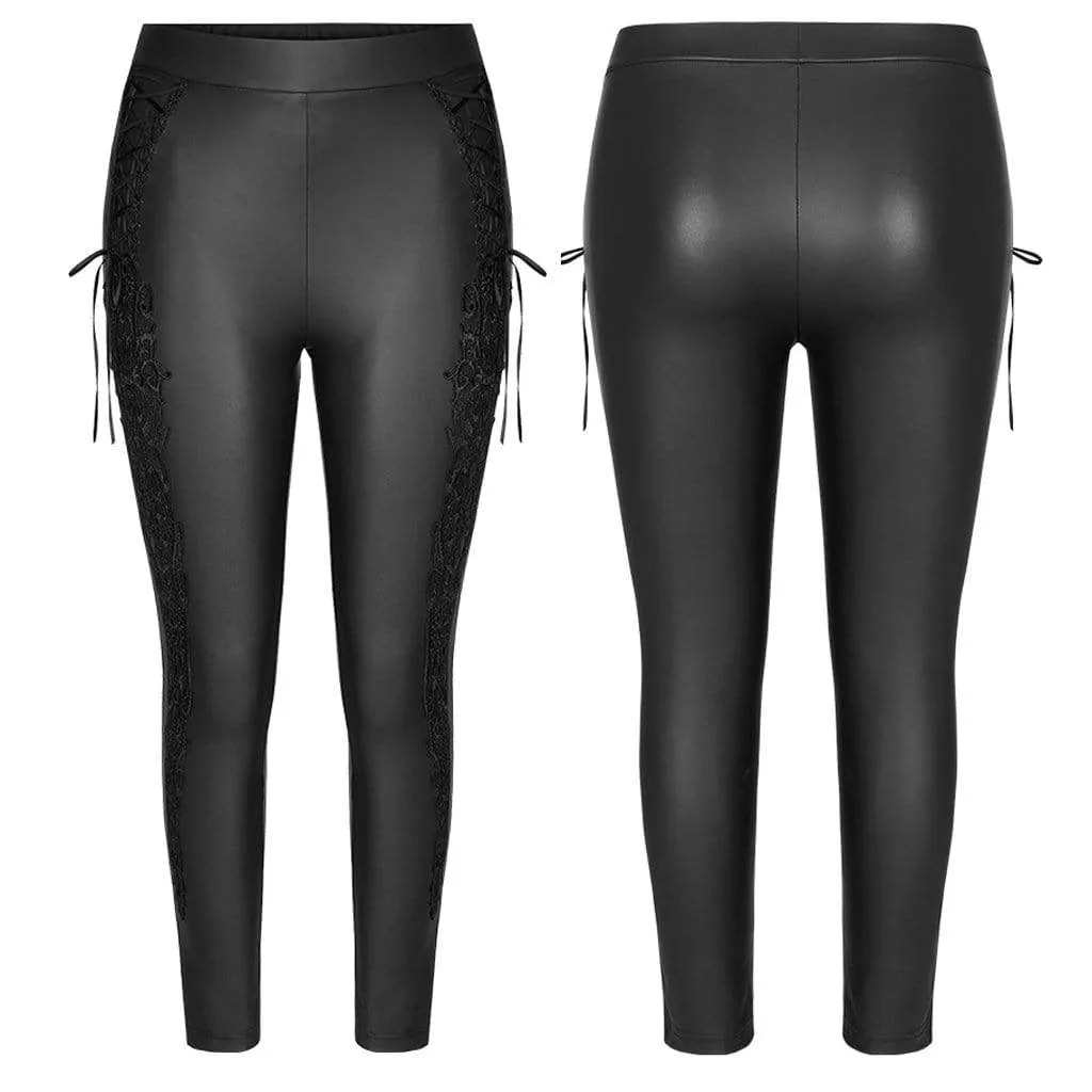 Women's Plus Size Gothic Black  Faux Leather Leggings with Embroidered Details