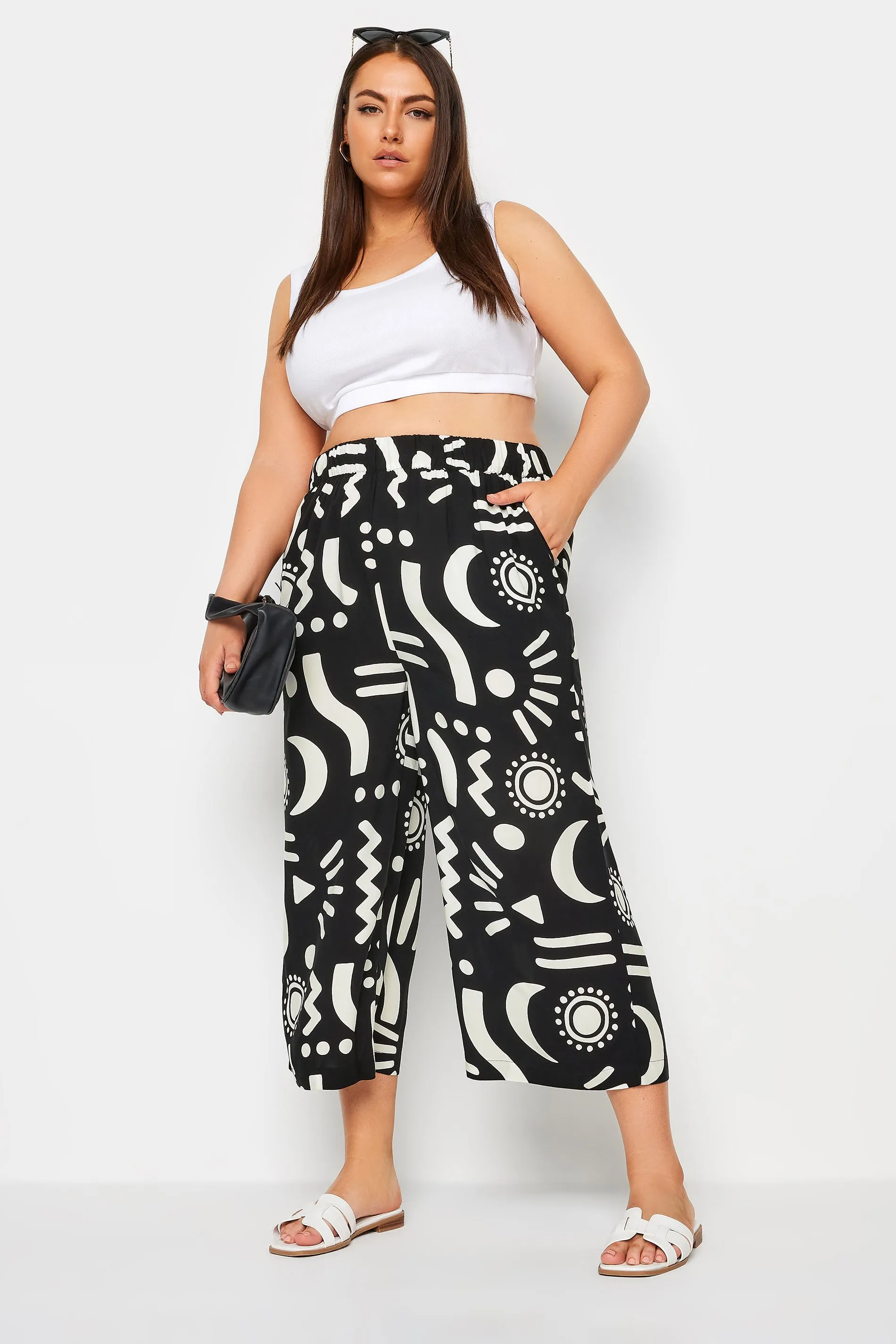 YOURS Curve Black Abstract Print Wide Leg Cropped Trousers